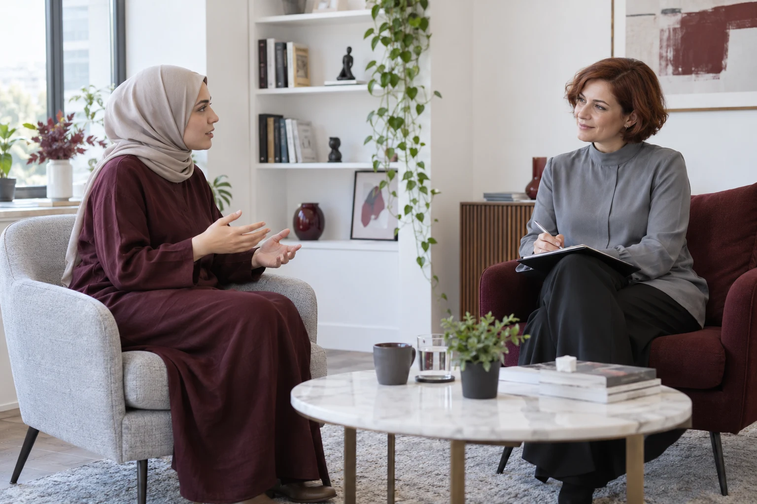 Kadın uzman ve kadın danışanın ayrı koltuklarda yüz yüze görüşmesi